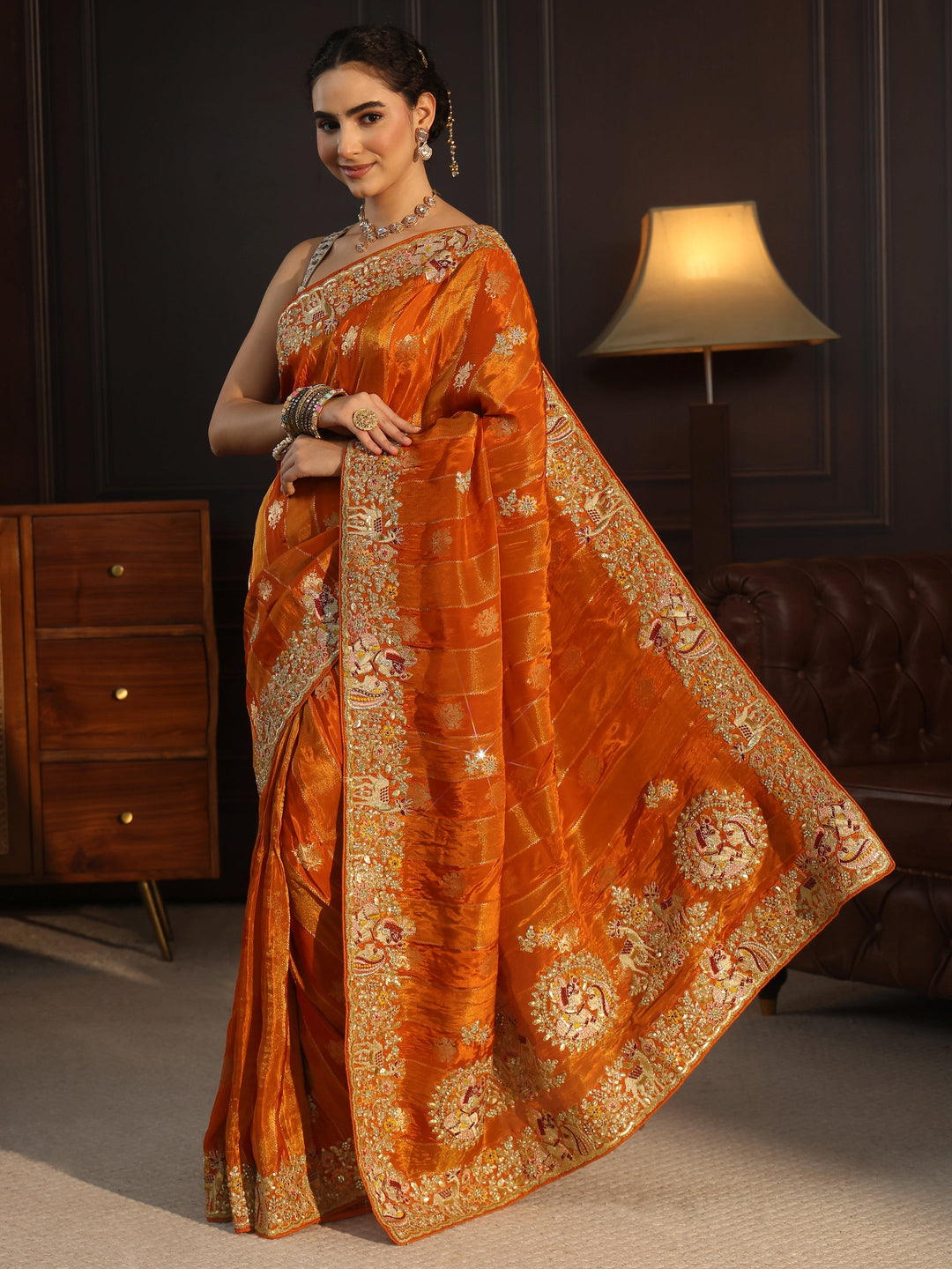 Libas Art Orange Striped Satin Saree with Embellished Border