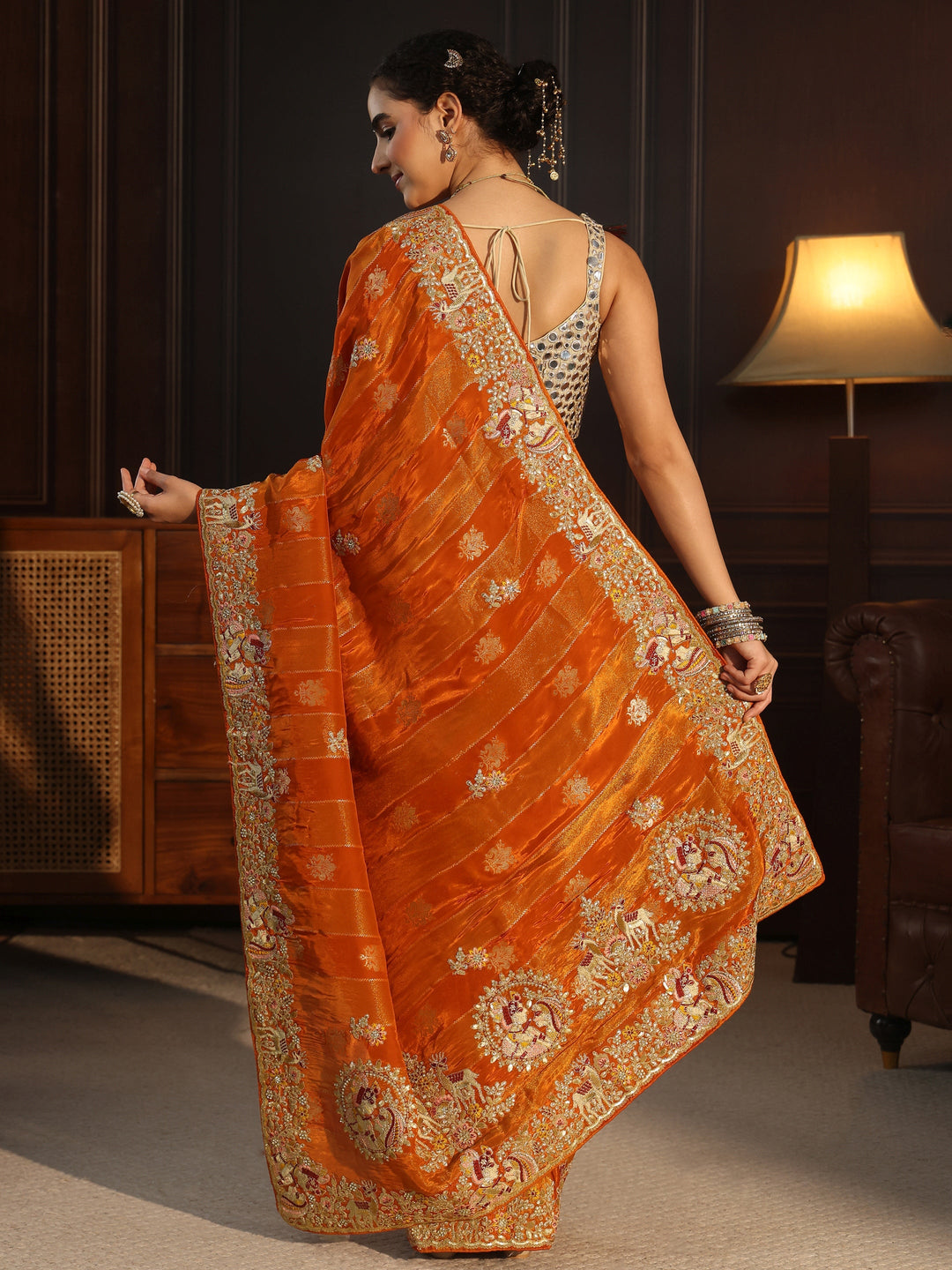 Libas Art Orange Striped Satin Saree with Embellished Border