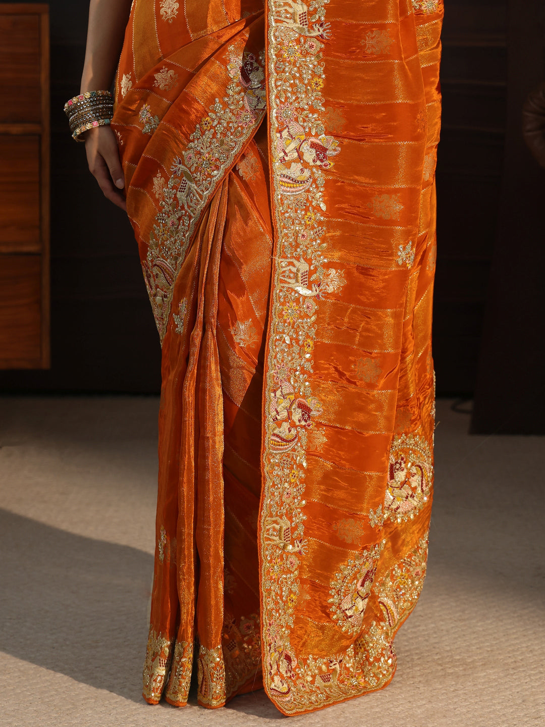Libas Art Orange Striped Satin Saree with Embellished Border