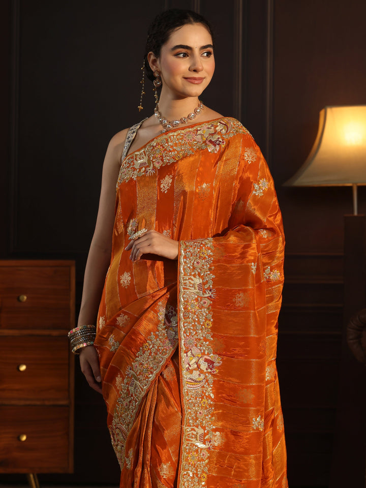Libas Art Orange Striped Satin Saree with Embellished Border