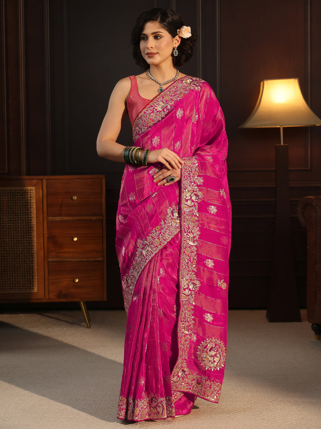 Libas Art Pink Striped Satin Saree with Embellished Border