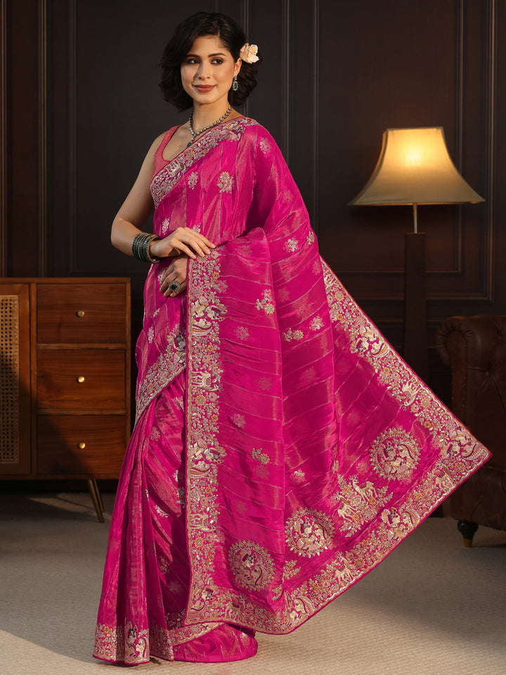 Libas Art Pink Striped Satin Saree with Embellished Border