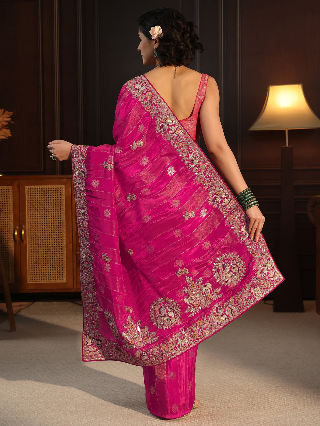 Libas Art Pink Striped Satin Saree with Embellished Border