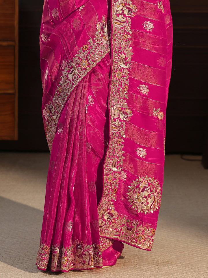 Libas Art Pink Striped Satin Saree with Embellished Border