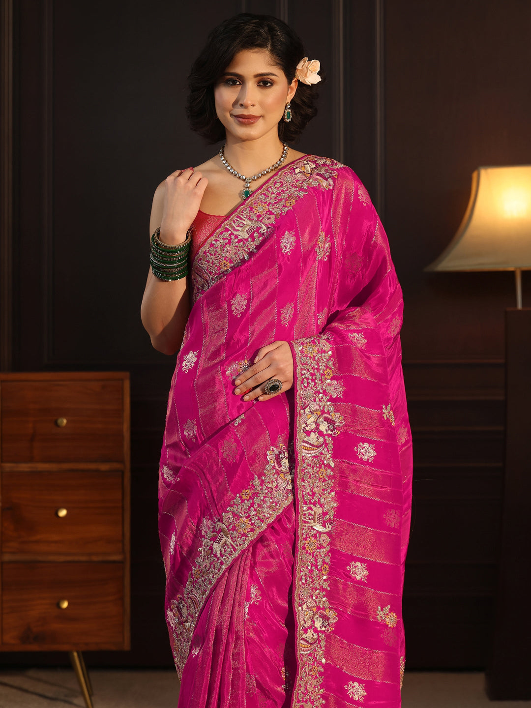 Libas Art Pink Striped Satin Saree with Embellished Border