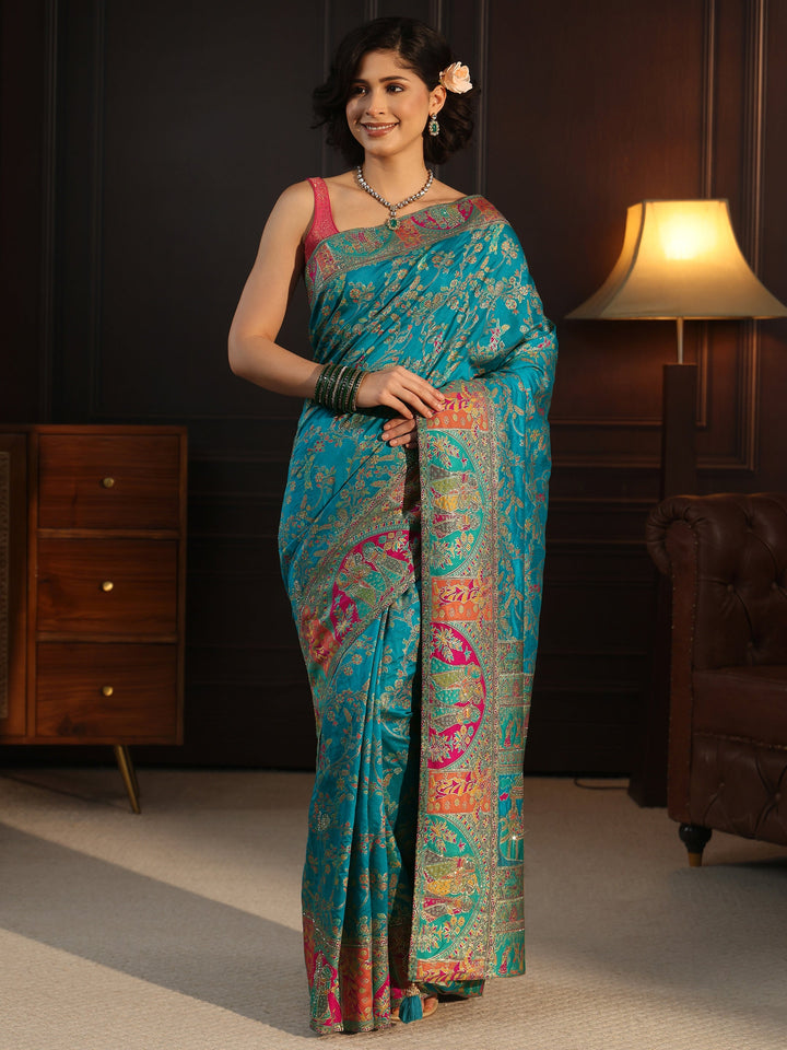 Libas Turquoise Woven Design Silk Blend Saree with Embroidered Border