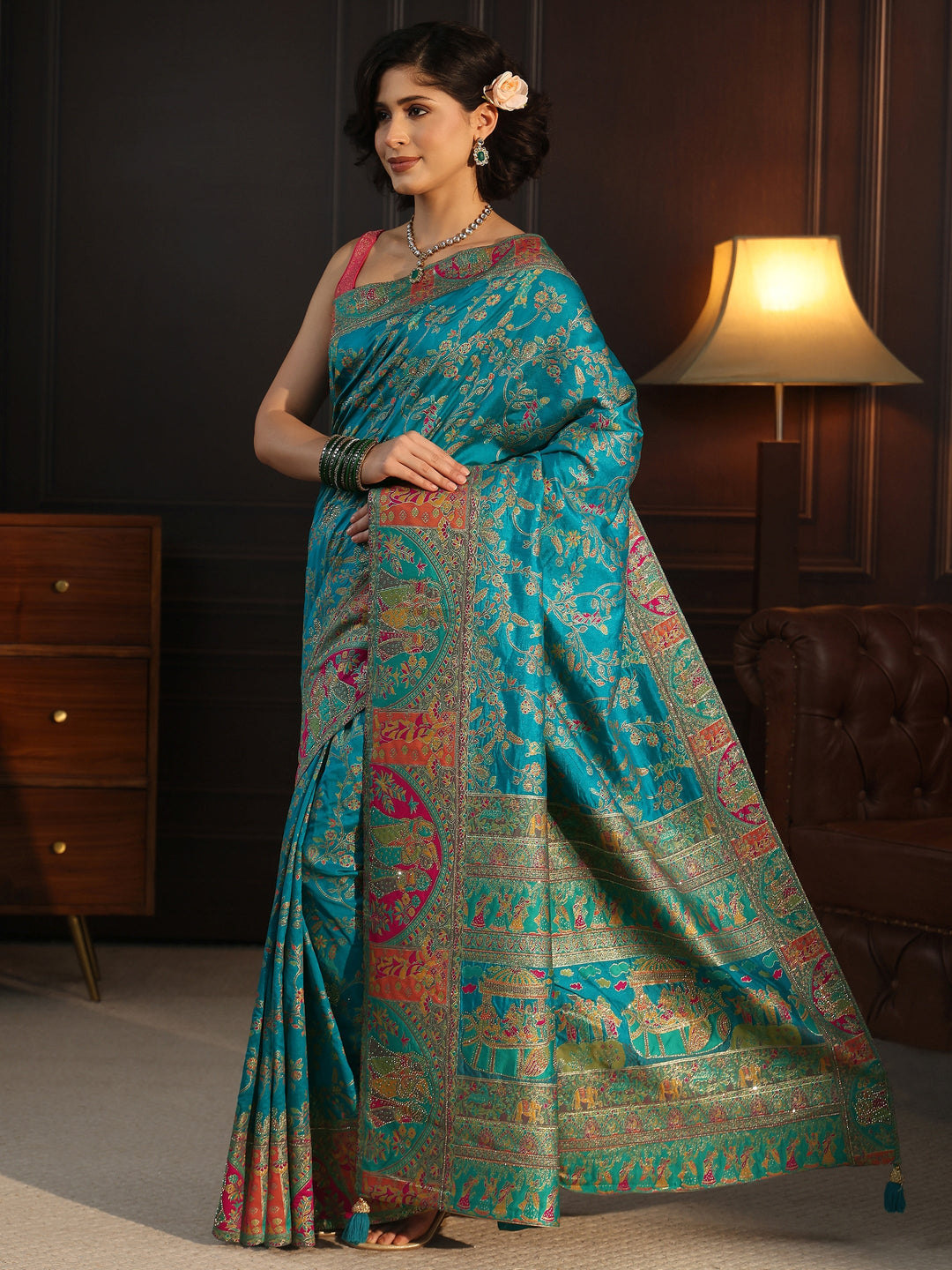 Libas Turquoise Woven Design Silk Blend Saree with Embroidered Border