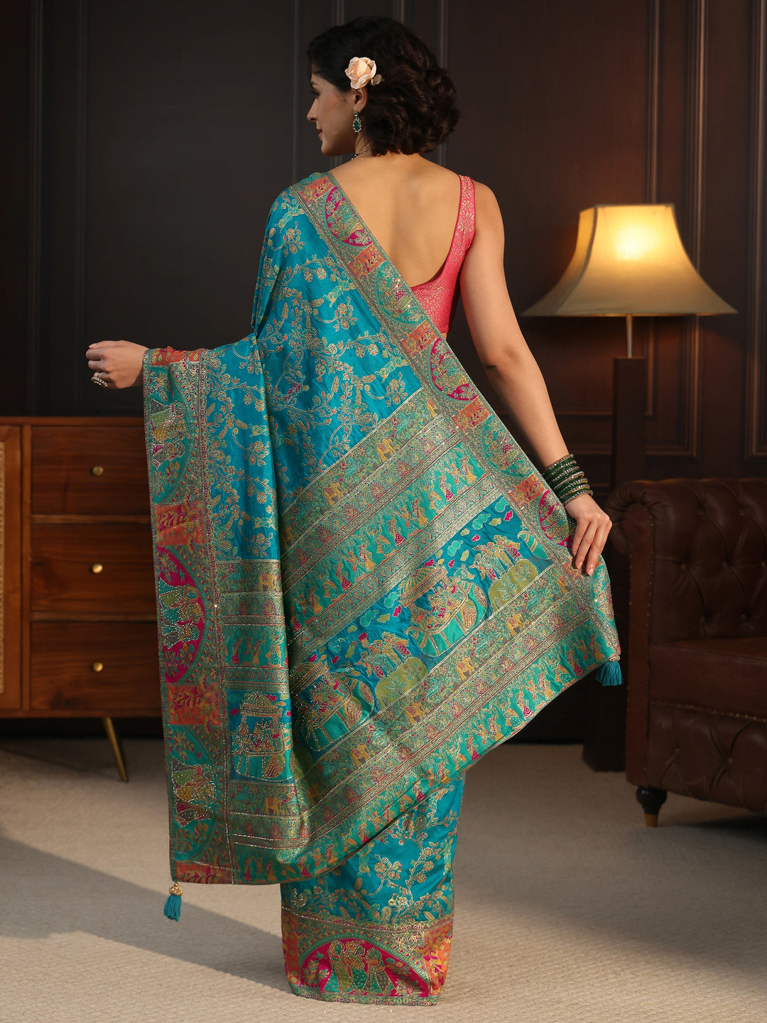 Libas Turquoise Woven Design Silk Blend Saree with Embroidered Border