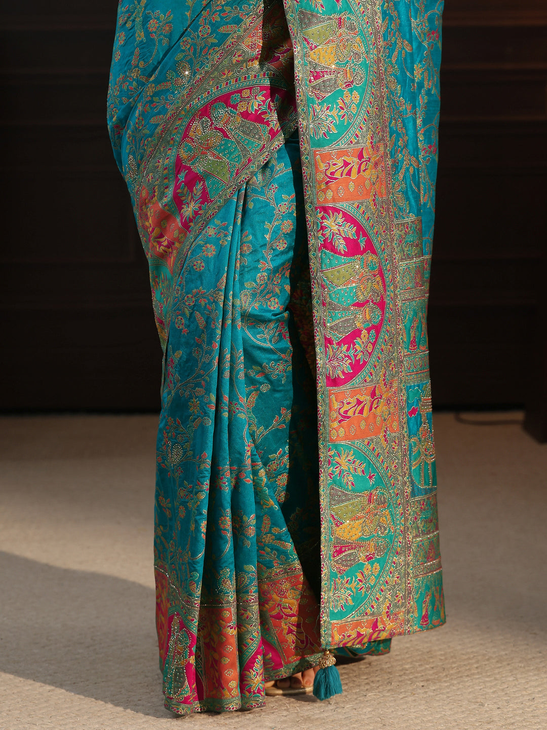 Libas Turquoise Woven Design Silk Blend Saree with Embroidered Border