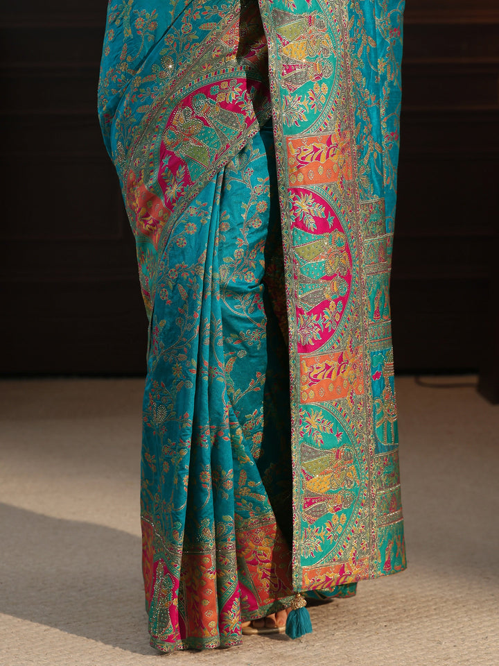 Libas Turquoise Woven Design Silk Blend Saree with Embroidered Border