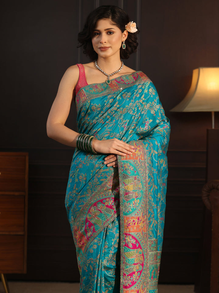 Libas Turquoise Woven Design Silk Blend Saree with Embroidered Border
