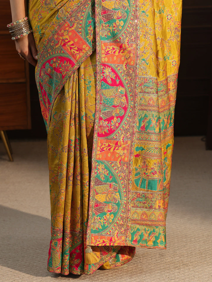 Libas Mustard Woven Design Silk Blend Saree with Embroidered Border