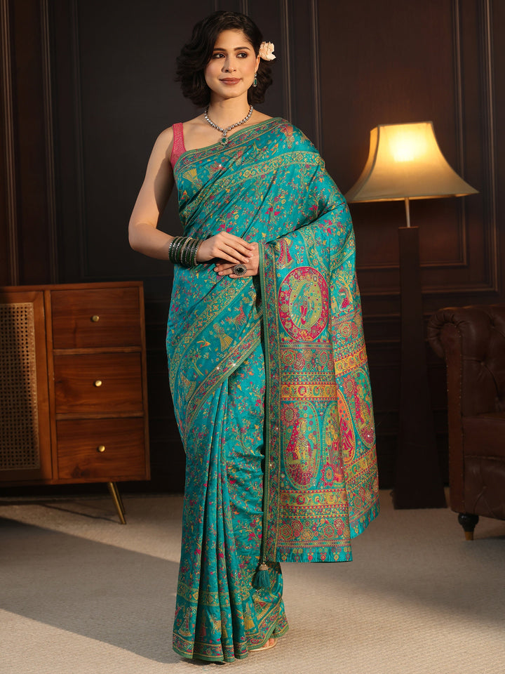 Libas Art Green Embellished Mughal Design Silk Blend Saree