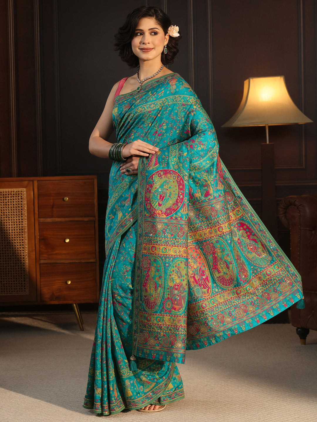 Libas Art Green Embellished Mughal Design Silk Blend Saree