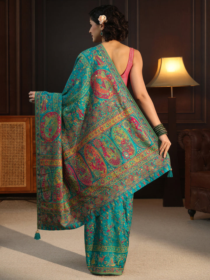 Libas Art Green Embellished Mughal Design Silk Blend Saree