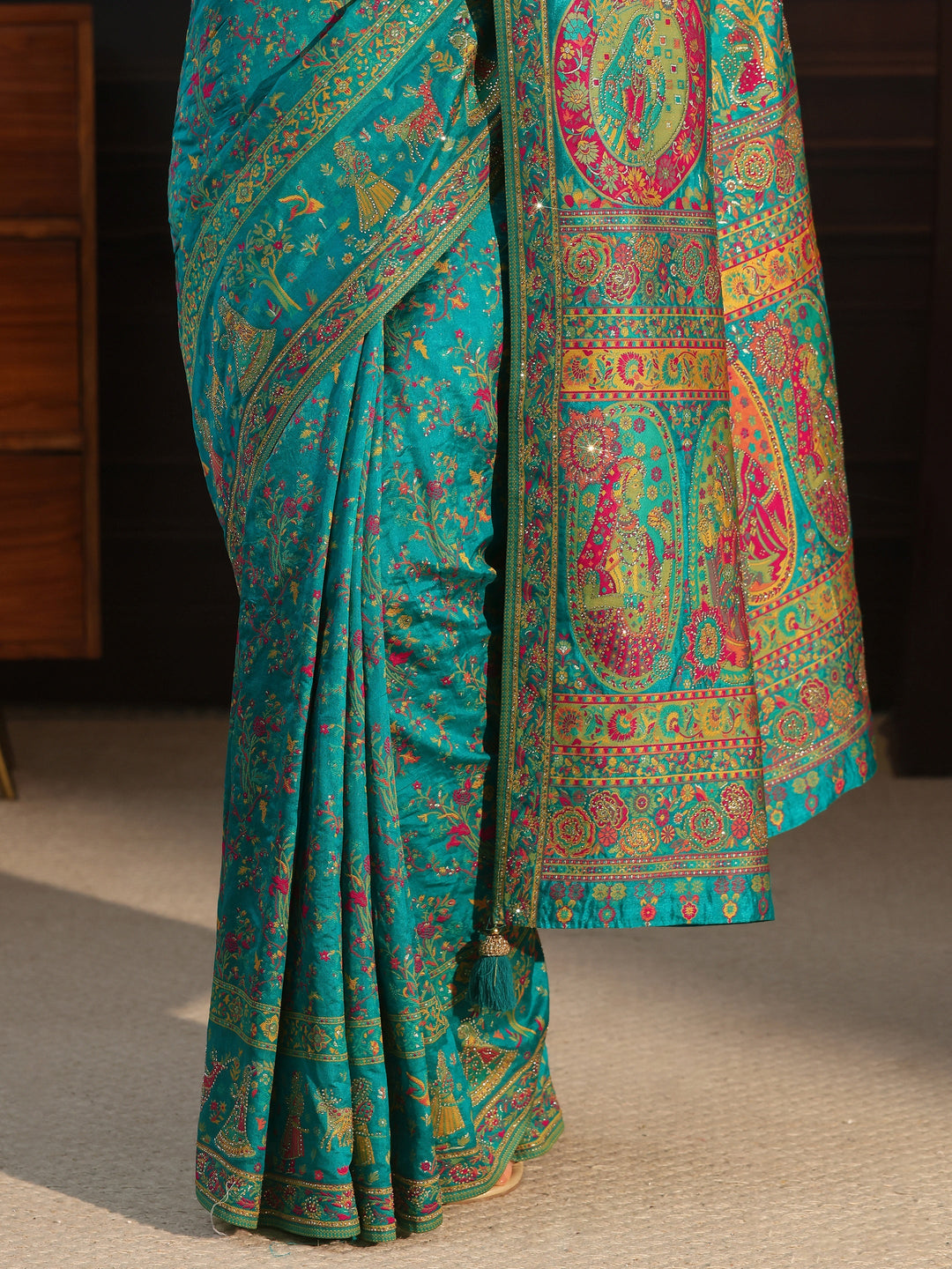 Libas Art Green Embellished Mughal Design Silk Blend Saree