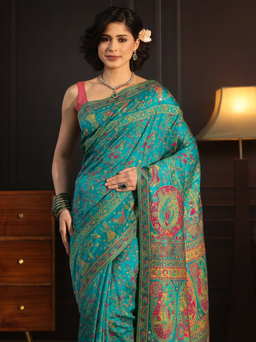 Libas Art Green Embellished Mughal Design Silk Blend Saree