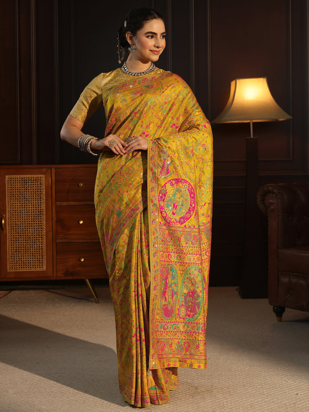 Libas Art Mustard Embellished Mughal Design Silk Blend Saree