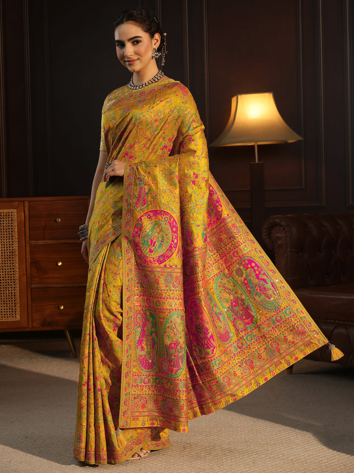 Libas Art Mustard Embellished Mughal Design Silk Blend Saree
