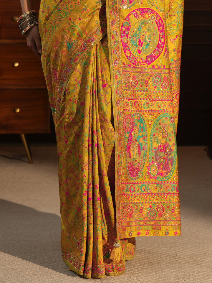 Libas Art Mustard Embellished Mughal Design Silk Blend Saree