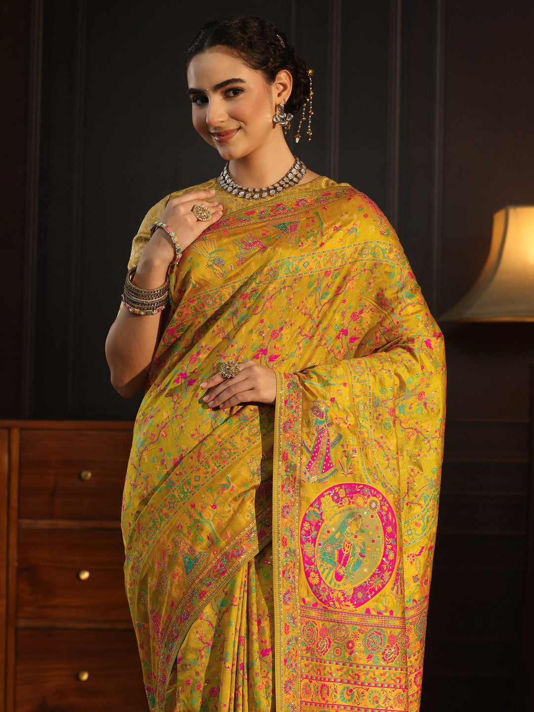 Libas Art Mustard Embellished Mughal Design Silk Blend Saree