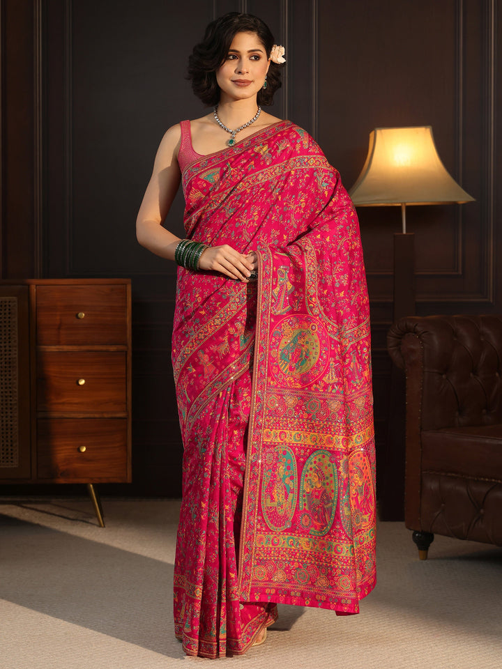 Libas Art Pink Embellished Mughal Design Silk Blend Saree