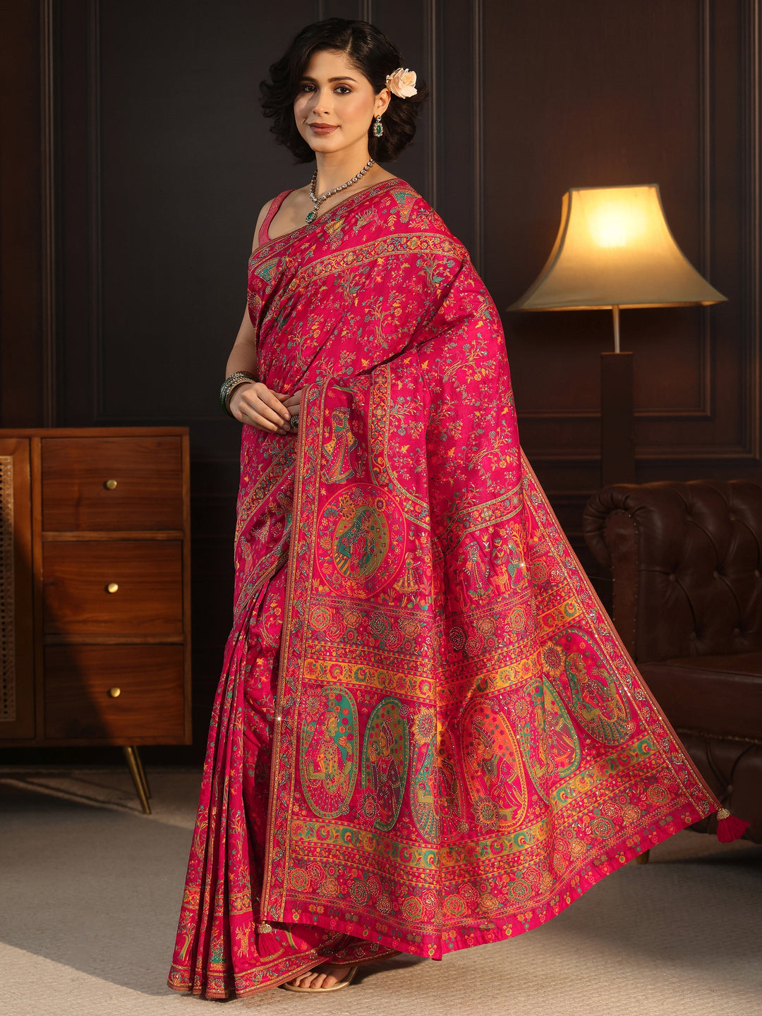 Libas Art Pink Embellished Mughal Design Silk Blend Saree