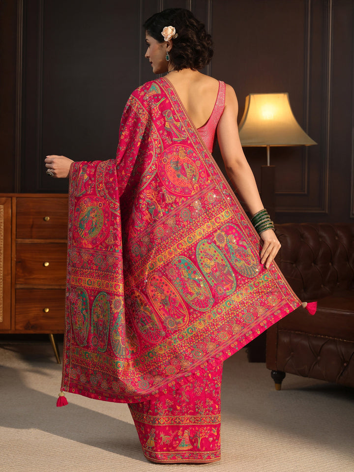 Libas Art Pink Embellished Mughal Design Silk Blend Saree