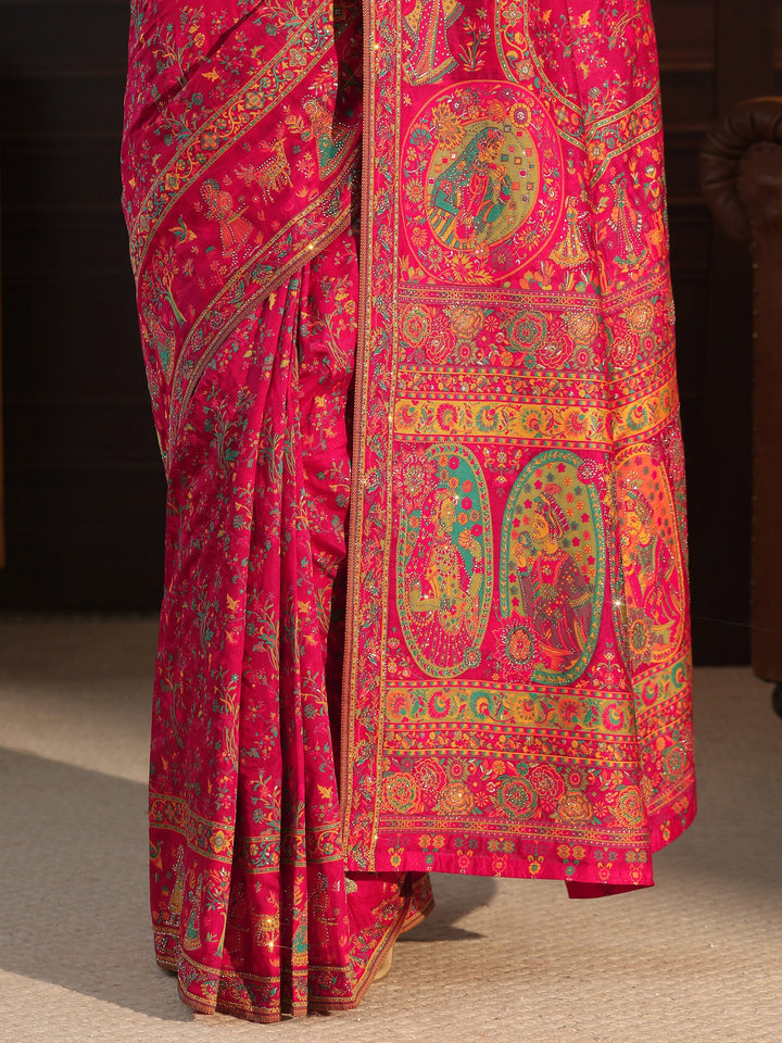 Libas Art Pink Embellished Mughal Design Silk Blend Saree