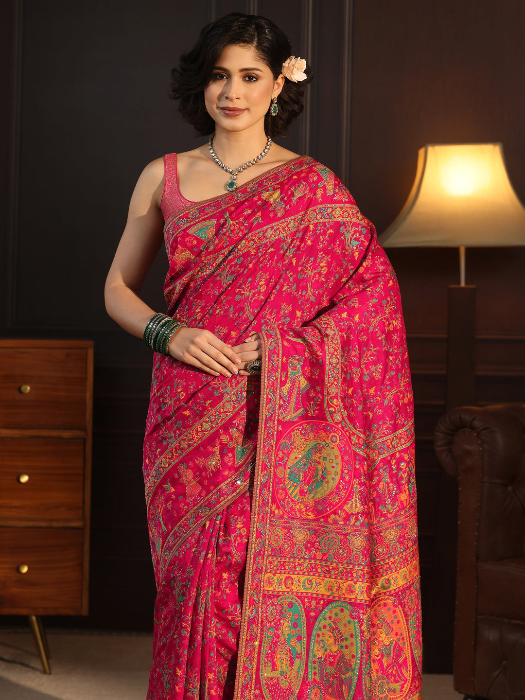 Libas Art Pink Embellished Mughal Design Silk Blend Saree
