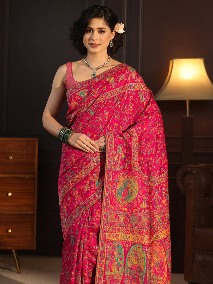 Libas Art Pink Embellished Mughal Design Silk Blend Saree