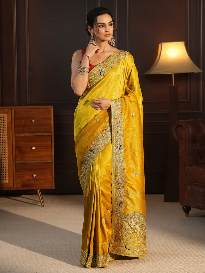 Libas Art Yellow Silk Blend Saree with Embellished Peacock Pallu