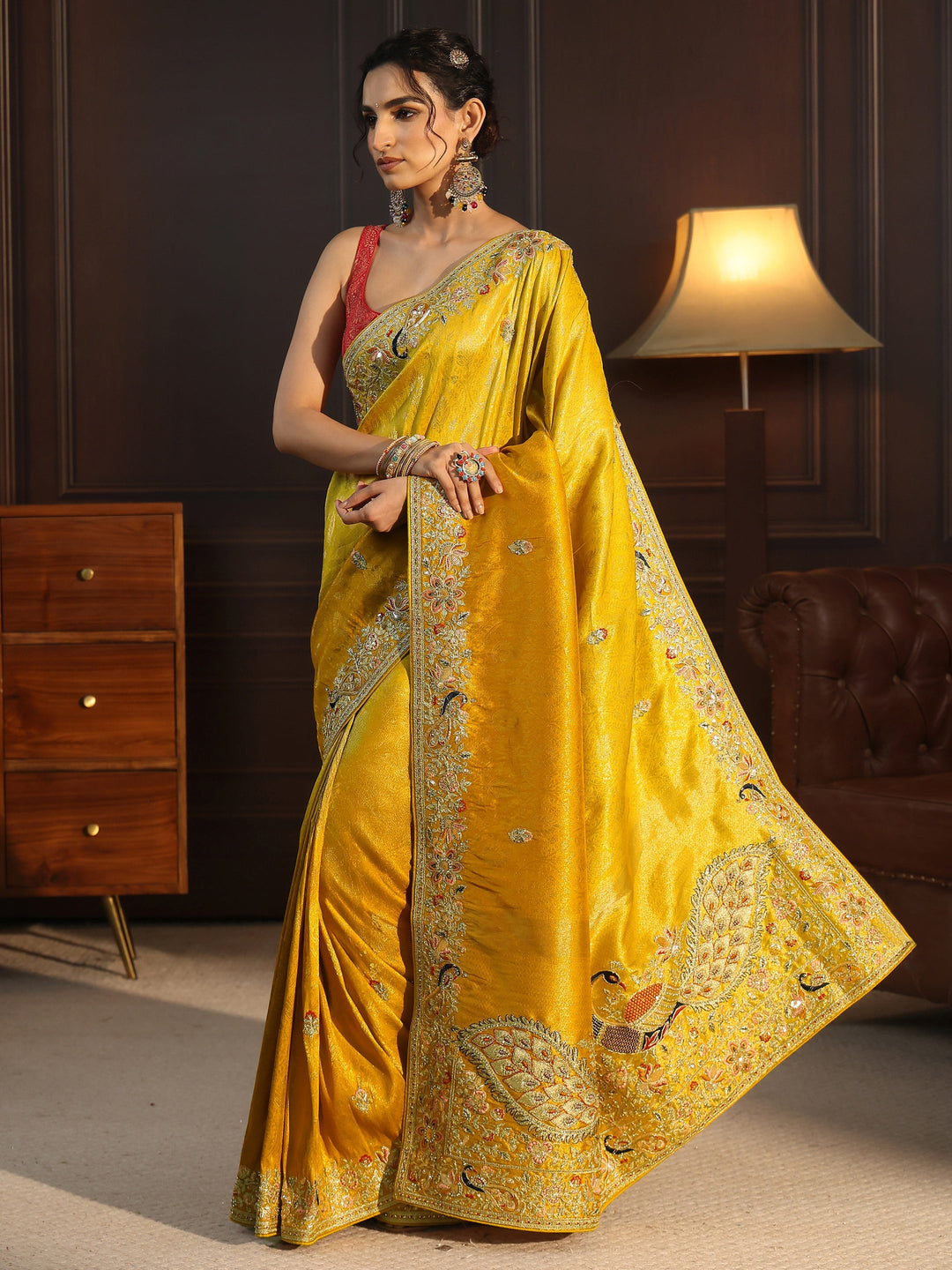 Libas Art Yellow Silk Blend Saree with Embellished Peacock Pallu