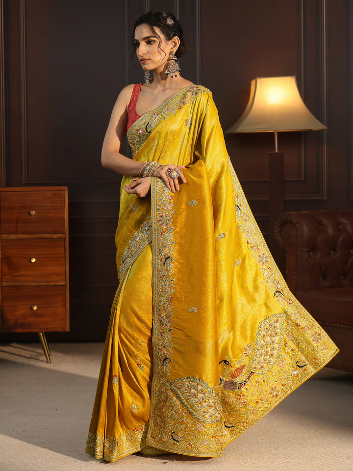 Libas Art Yellow Silk Blend Saree with Embellished Peacock Pallu
