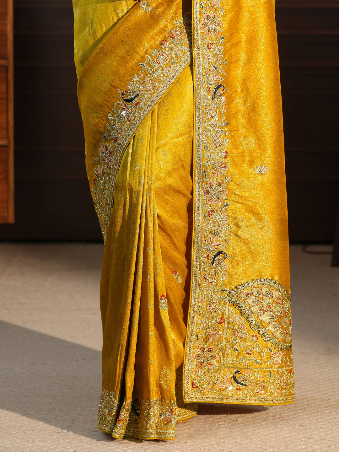 Libas Art Yellow Silk Blend Saree with Embellished Peacock Pallu