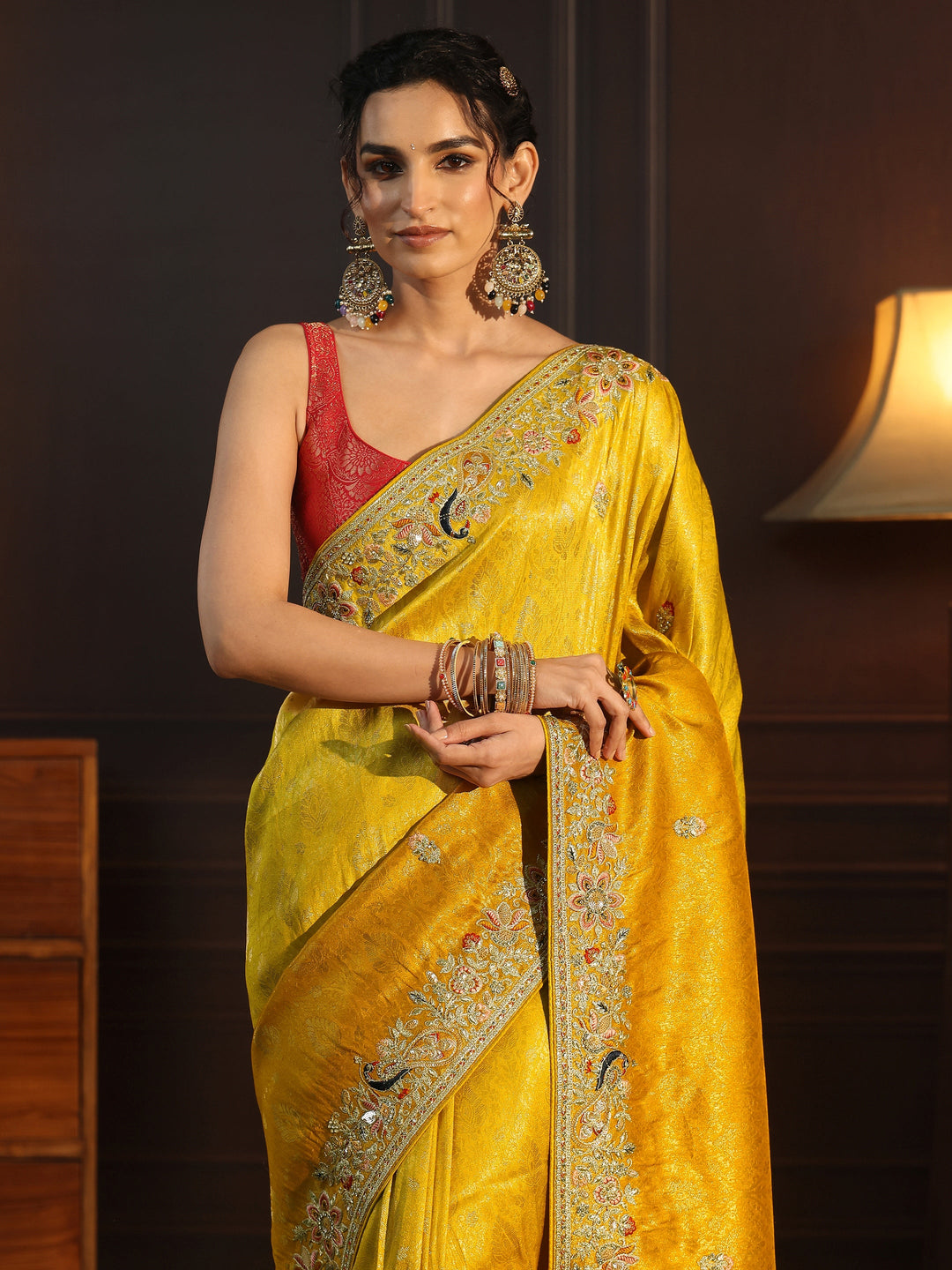 Libas Art Yellow Silk Blend Saree with Embellished Peacock Pallu