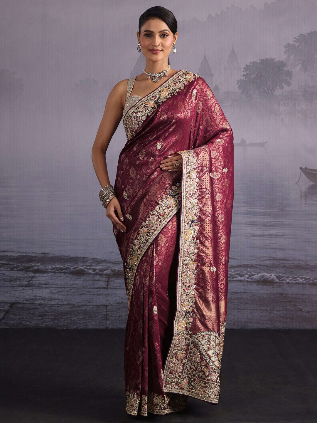 Libas Art Maroon Floral Embellished Woven Design Silk Blend Saree