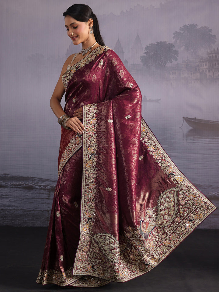 Libas Art Maroon Floral Embellished Woven Design Silk Blend Saree