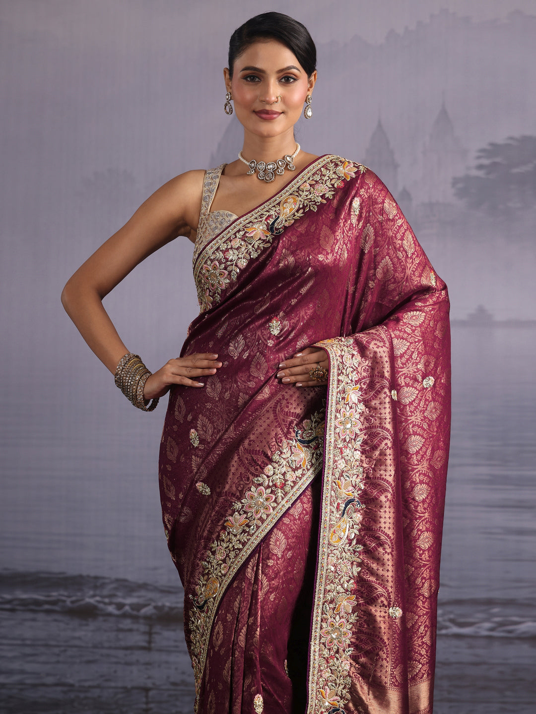 Libas Art Maroon Floral Embellished Woven Design Silk Blend Saree