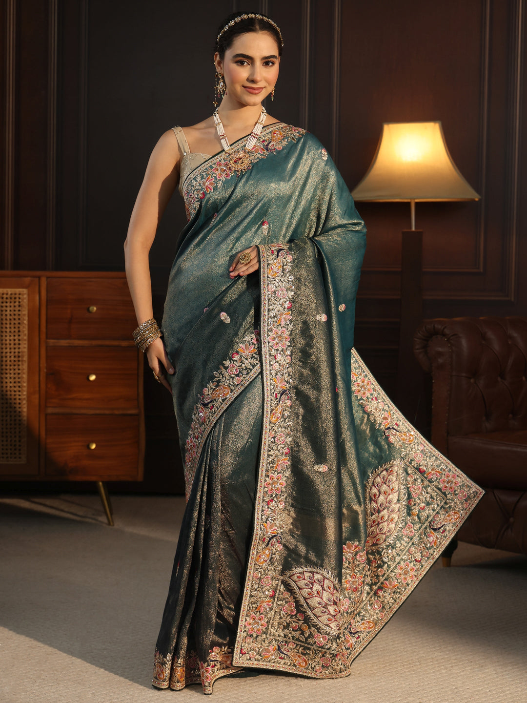 Libas Art Moss Green Silk Blend Saree with Embellished Peacock Pallu