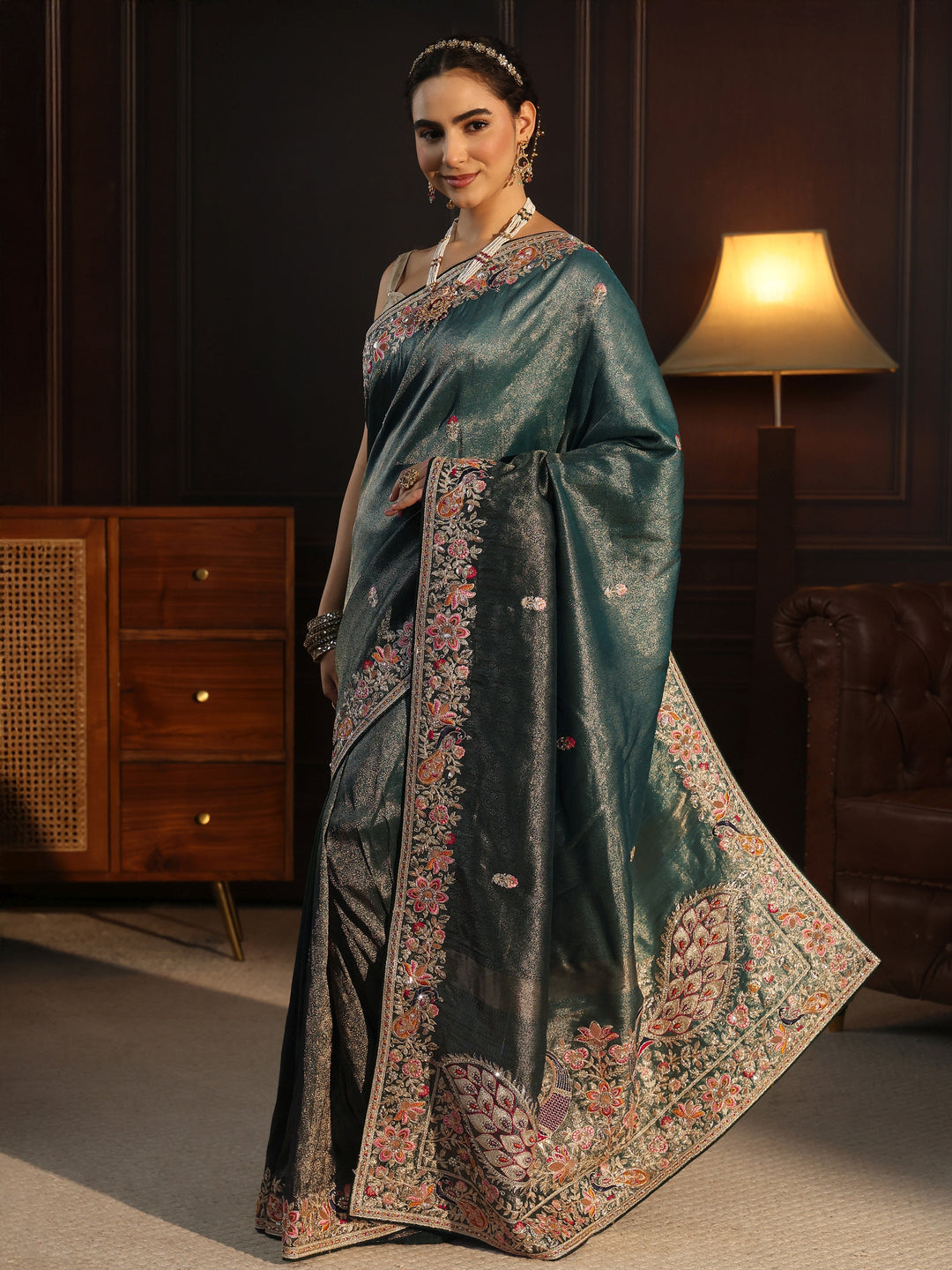 Libas Art Moss Green Silk Blend Saree with Embellished Peacock Pallu