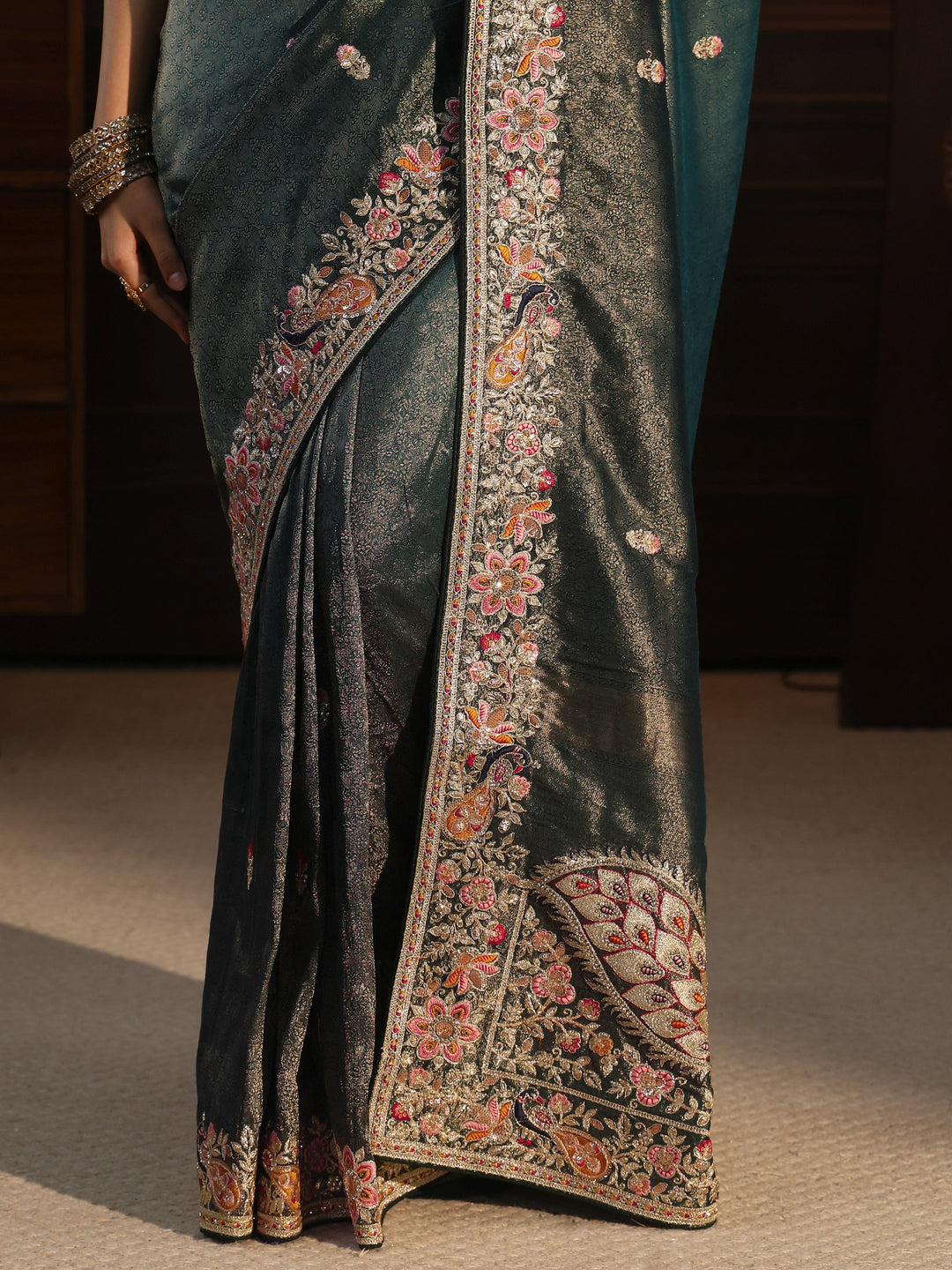 Libas Art Moss Green Silk Blend Saree with Embellished Peacock Pallu
