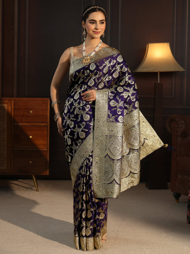 Libas Art Purple Banarasi Satin Saree with Stone Work