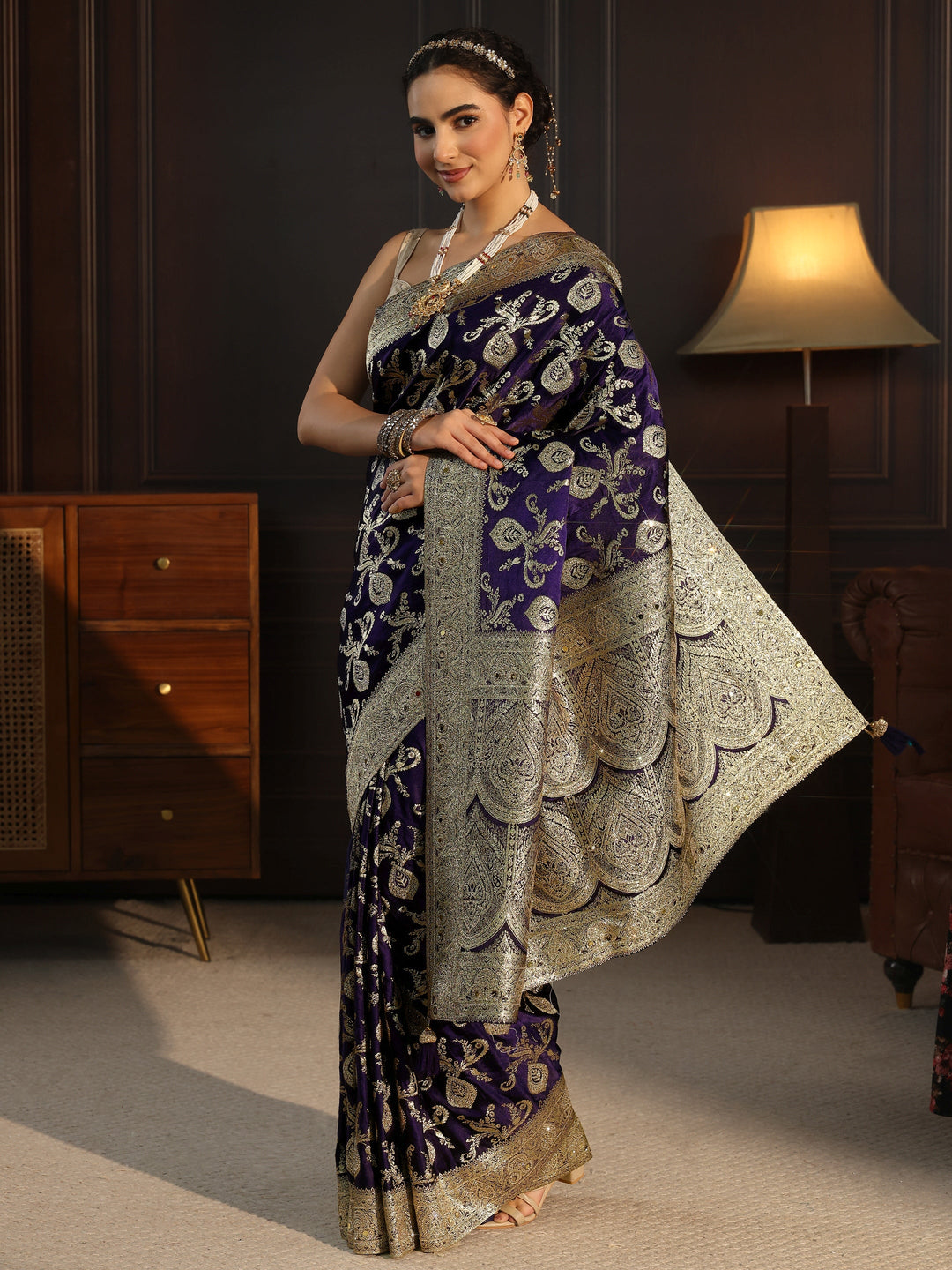 Libas Art Purple Banarasi Satin Saree with Stone Work