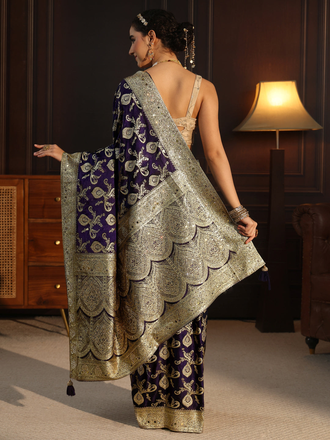 Libas Art Purple Banarasi Satin Saree with Stone Work