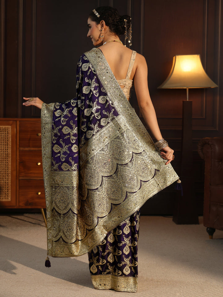 Libas Art Purple Banarasi Satin Saree with Stone Work