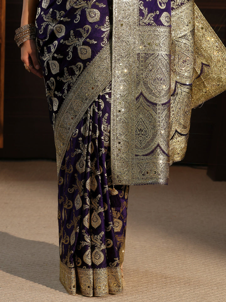 Libas Art Purple Banarasi Satin Saree with Stone Work