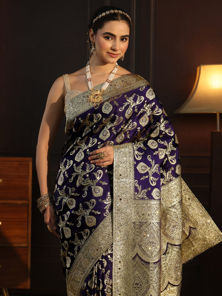 Libas Art Purple Banarasi Satin Saree with Stone Work