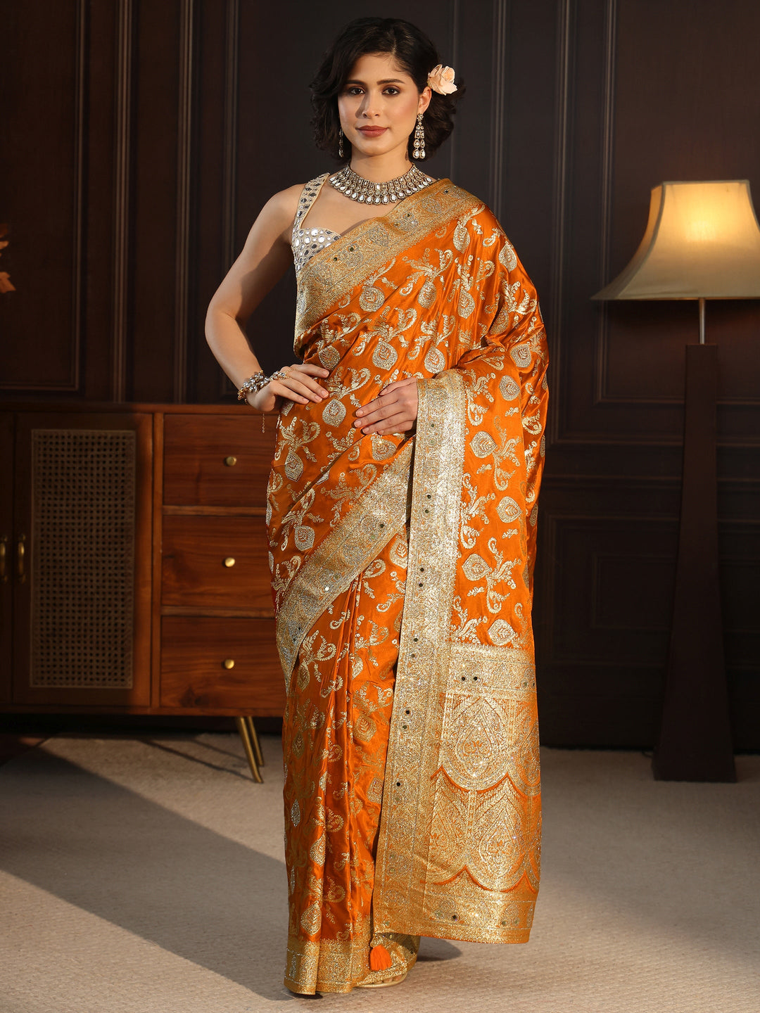 Libas Art Orange Banarasi Satin Saree with Stone Work