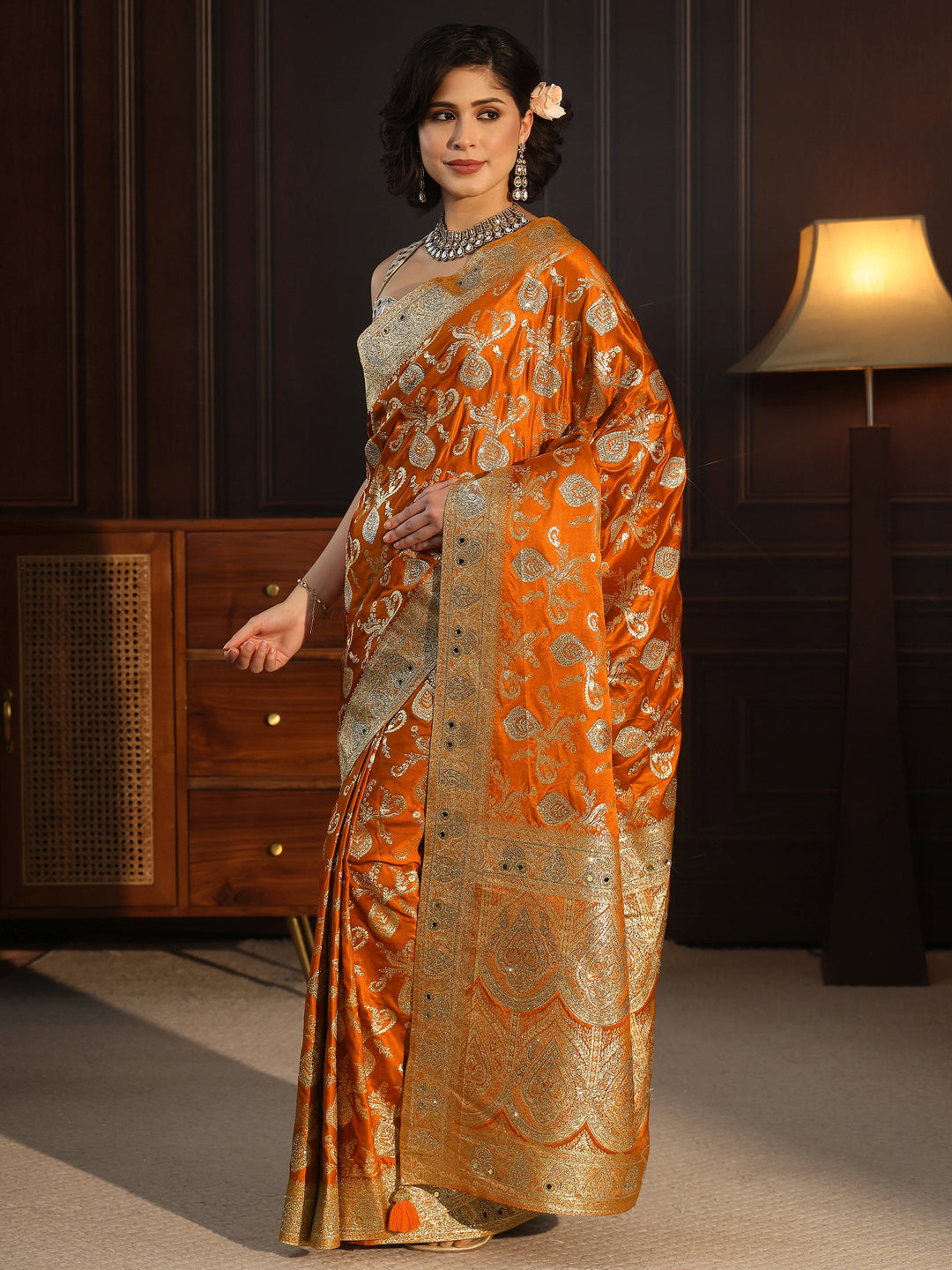 Libas Art Orange Banarasi Satin Saree with Stone Work